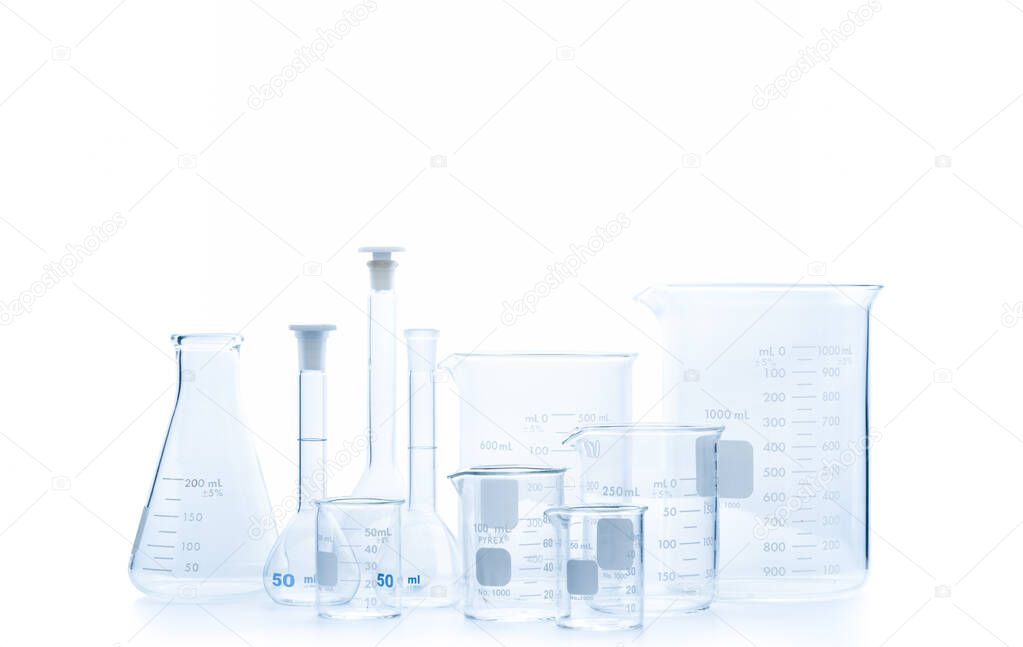 Realistic Glass Laboratory Equipment Set. Flasks and measuring beaker for science experiment in laboratory isolated on white background and clipping path, Scientific equipment