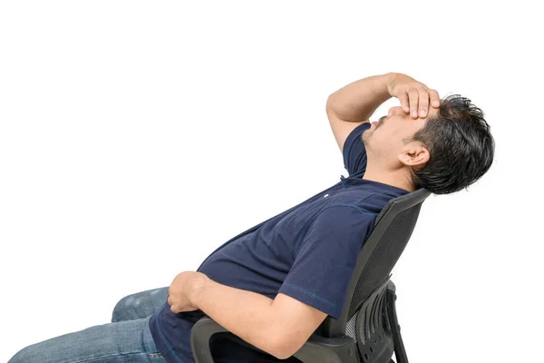 Homem Meia Idade Sentado Cadeira Sentindo Estressado Com Dor Cabeça — Fotografia de Stock