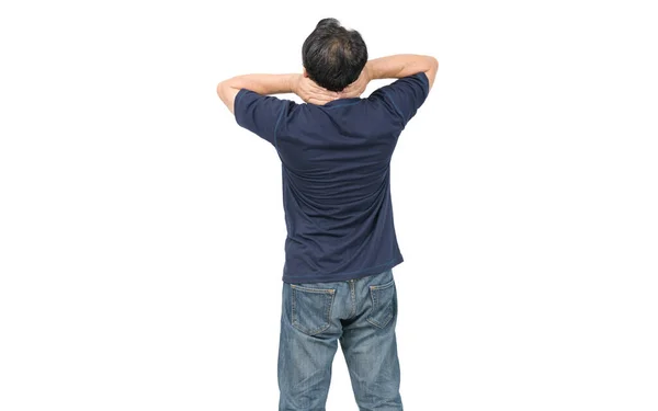 Back View Man Suffering Pain Neck Isolated White Background Symptom — Stock Photo, Image