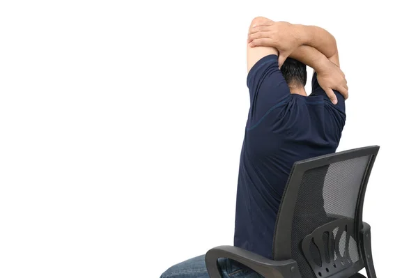 Back Side Man Stretching Arm Relax Muscle Shoulder Blades Sitting — Stock Photo, Image