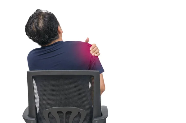 Задняя Сторона Молодого Человека Рубашки Болью Плече Изолированы Белом Боли — стоковое фото