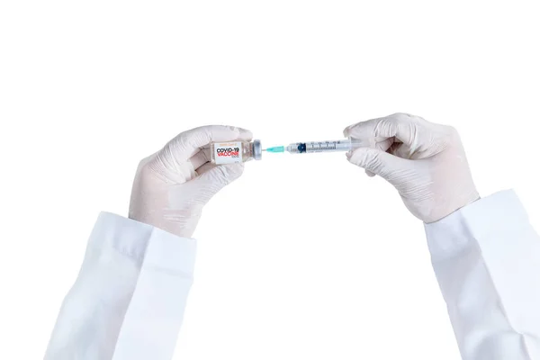 Main Médecin Scientifique Dans Des Gants Blancs Contenant Vaccin Antigrippal — Photo