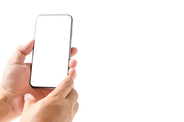Man Hand Med Hjälp Smartphone Med Tom Skärm Isolerad Vit — Stockfoto