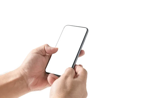 Man Hand Med Hjälp Smartphone Med Tom Skärm Isolerad Vit — Stockfoto