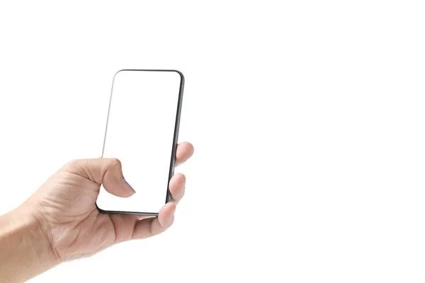 Man Hand Med Hjälp Smartphone Med Vit Skärm Isolerad Vit — Stockfoto