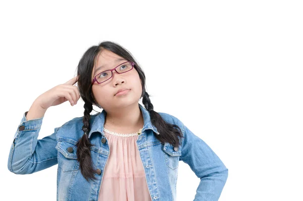 Cute Girl Glasses Thinking Looking Side White Background Education Concept — Stock Photo, Image