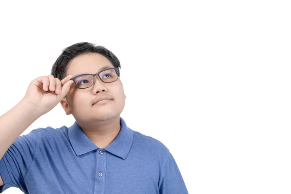 Mądry Chłopiec Student Nosić Okulary Myśląc Patrząc Bok Białym Tle — Zdjęcie stockowe