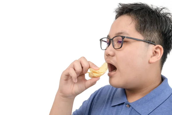 白の背景 不健全な食品やジャンク フードの概念に分離されたポテトチップスを食べ肥満脂肪の少年 — ストック写真