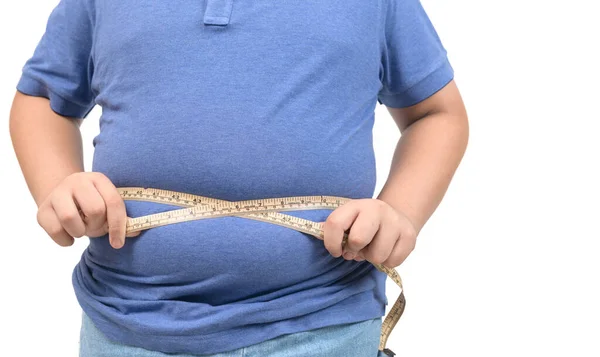 Obese Fat Boy Measuring Tape Stomach Isolated White Background Healthy — Stock Photo, Image