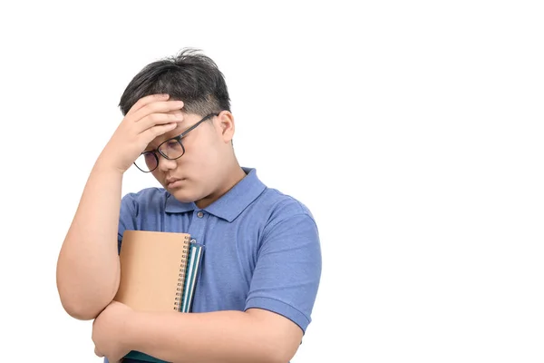Παχύσαρκος Μαθητής Αγόρι Αισθάνονται Πίεση Πονοκέφαλο Μετά Την Εκμάθηση Απευθείας — Φωτογραφία Αρχείου