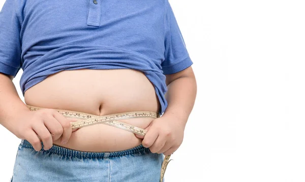 Menino Obeso Mede Sua Barriga Gorda Com Uma Fita Métrica — Fotografia de Stock
