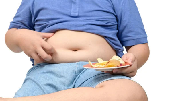 Niño Gordo Obeso Sosteniendo Papas Fritas Aisladas Sobre Fondo Blanco — Foto de Stock