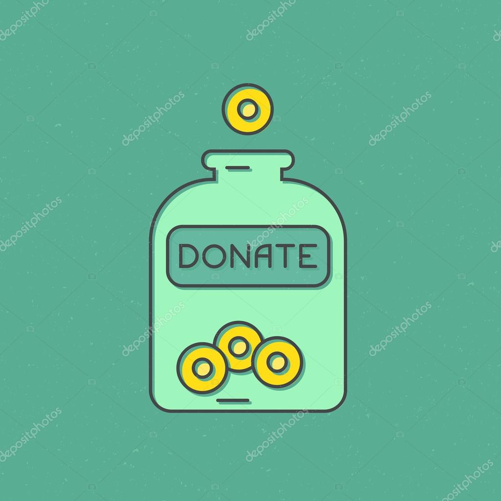 Money falling into jar with donate symbols on it - donation concept, charity illustration. Vector line style label for non-profit organization.
