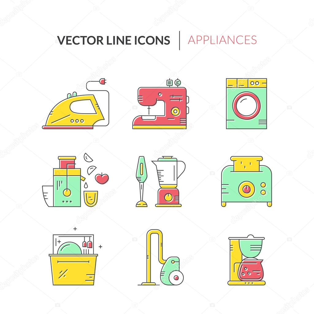 Household items set - dishwasher, iron, coffee machine, vacuum cleaner and other utensils. Vector house appliances collection.
