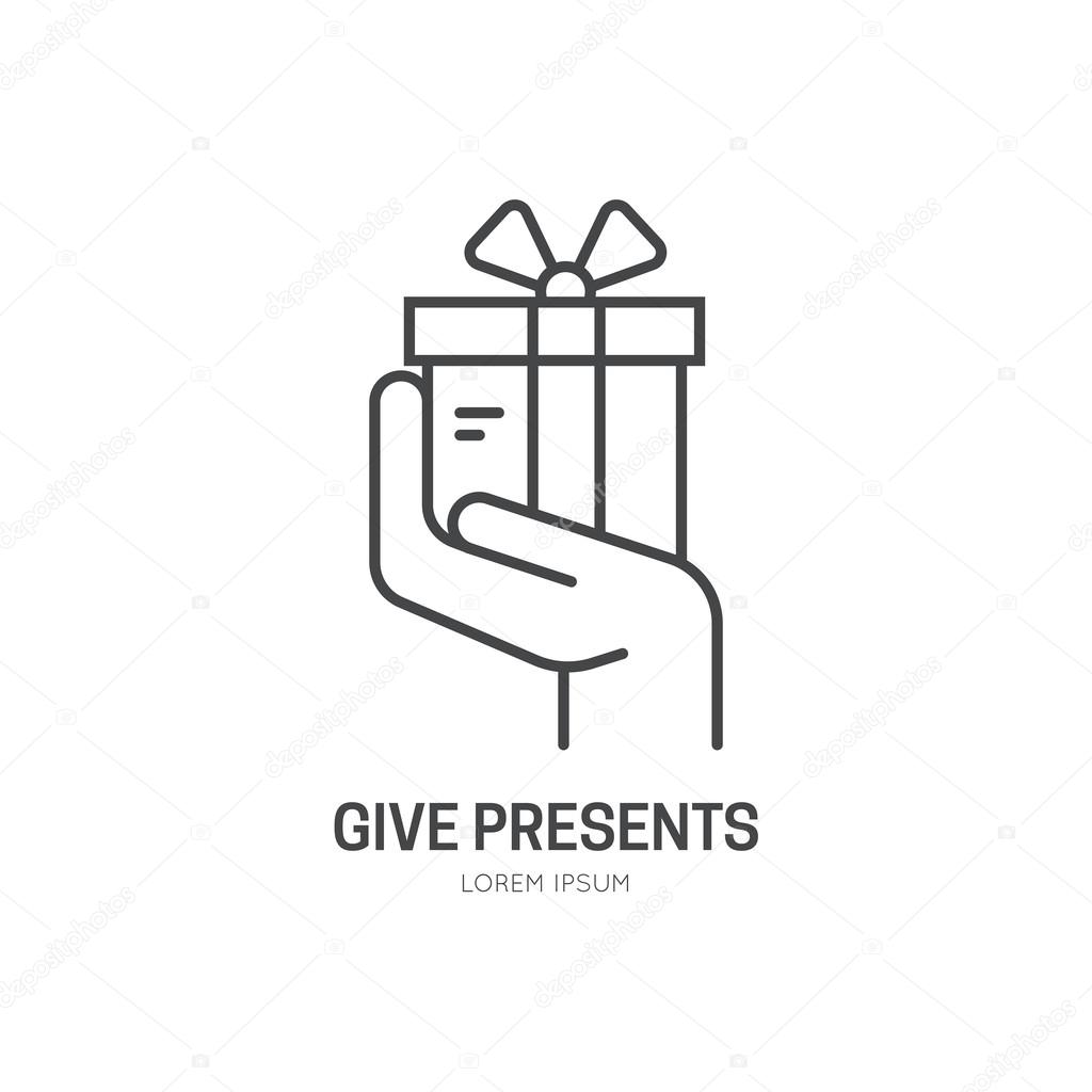 Hand holding a present - symbol for charity or donation event. Vector line style label for non-profit organization or fundraising event.