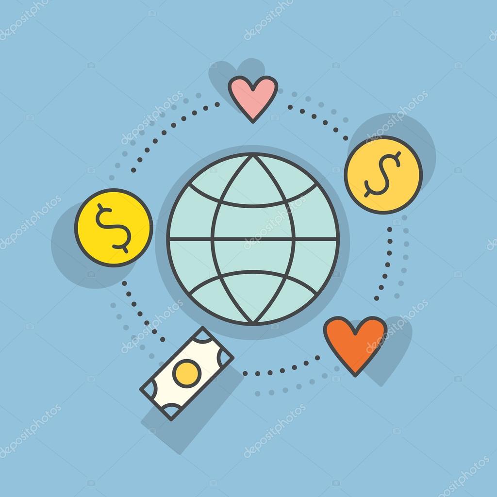 Globe surrounded by hearts and money - concept for donations, charity, fundraising. Vector line style label for non-profit organization or fundraising event.
