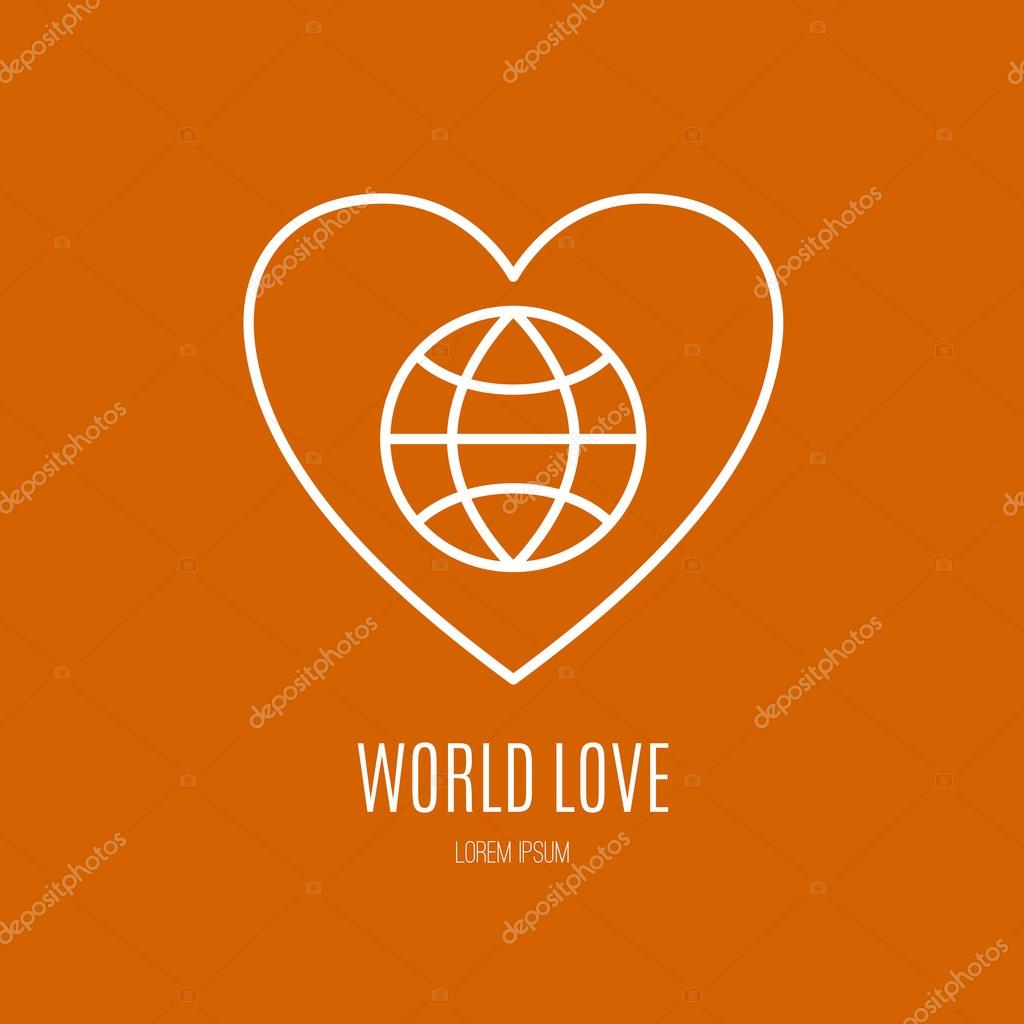 Illustration of a globe with heart - logo for non-profit organization, symbol for fundraising, donation or charity event. Vector line style icon.