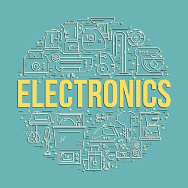 Bir daire içinde düzenlenmiş Ev Elektroniği simgeleri