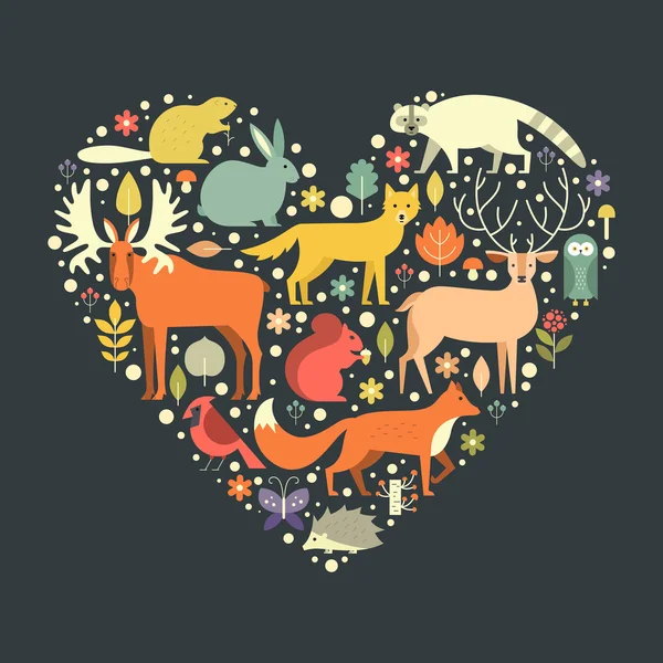 Forest animals in a heart shape — Stockvector