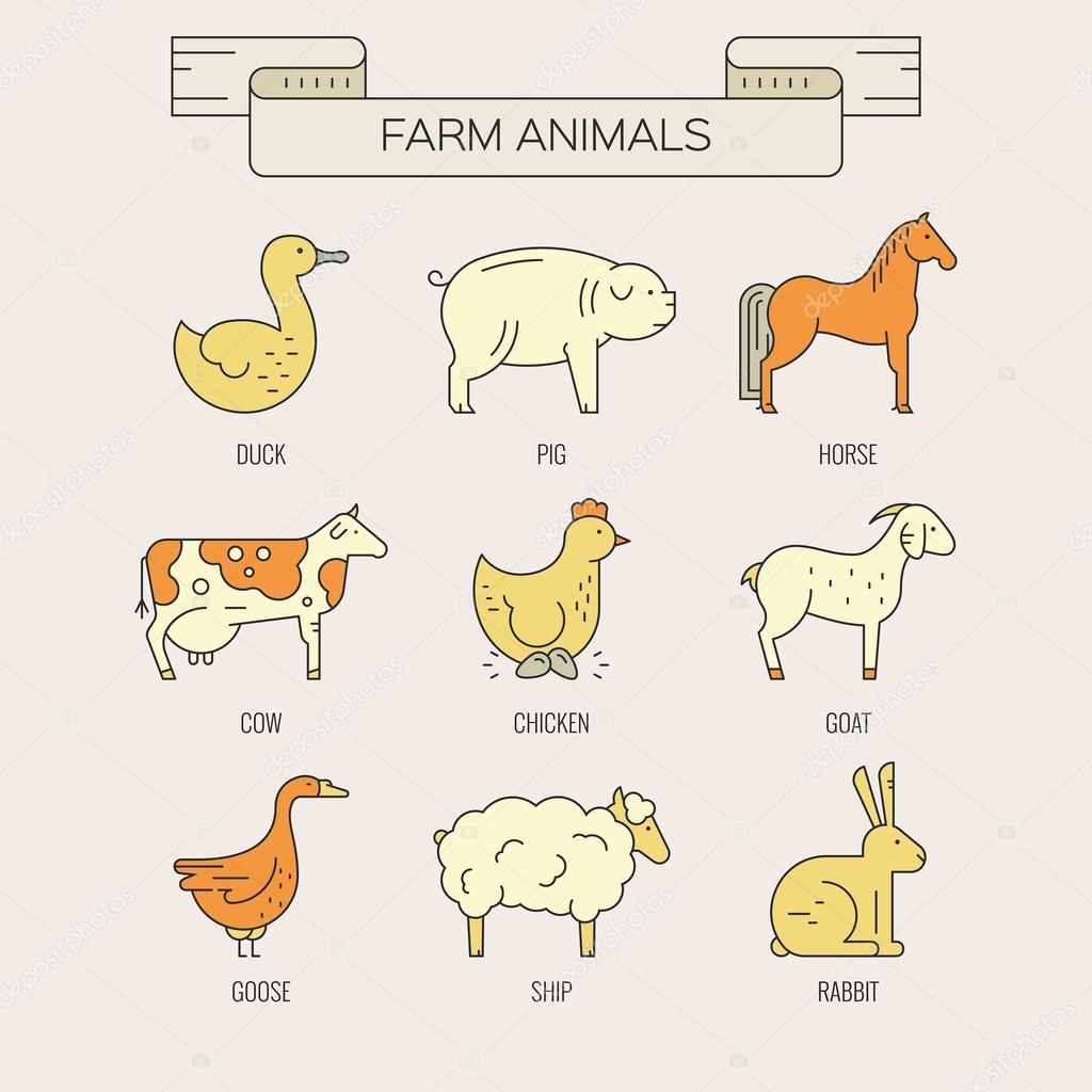 Vector set of farm animals drawn in modern linear style with names. Livestock collection. Animal symbols