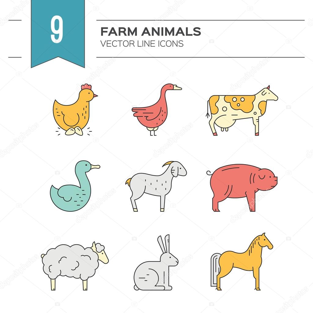 Collection of farm animals including goat, goose, chicken, cow. Livestock collection. Animal symbols