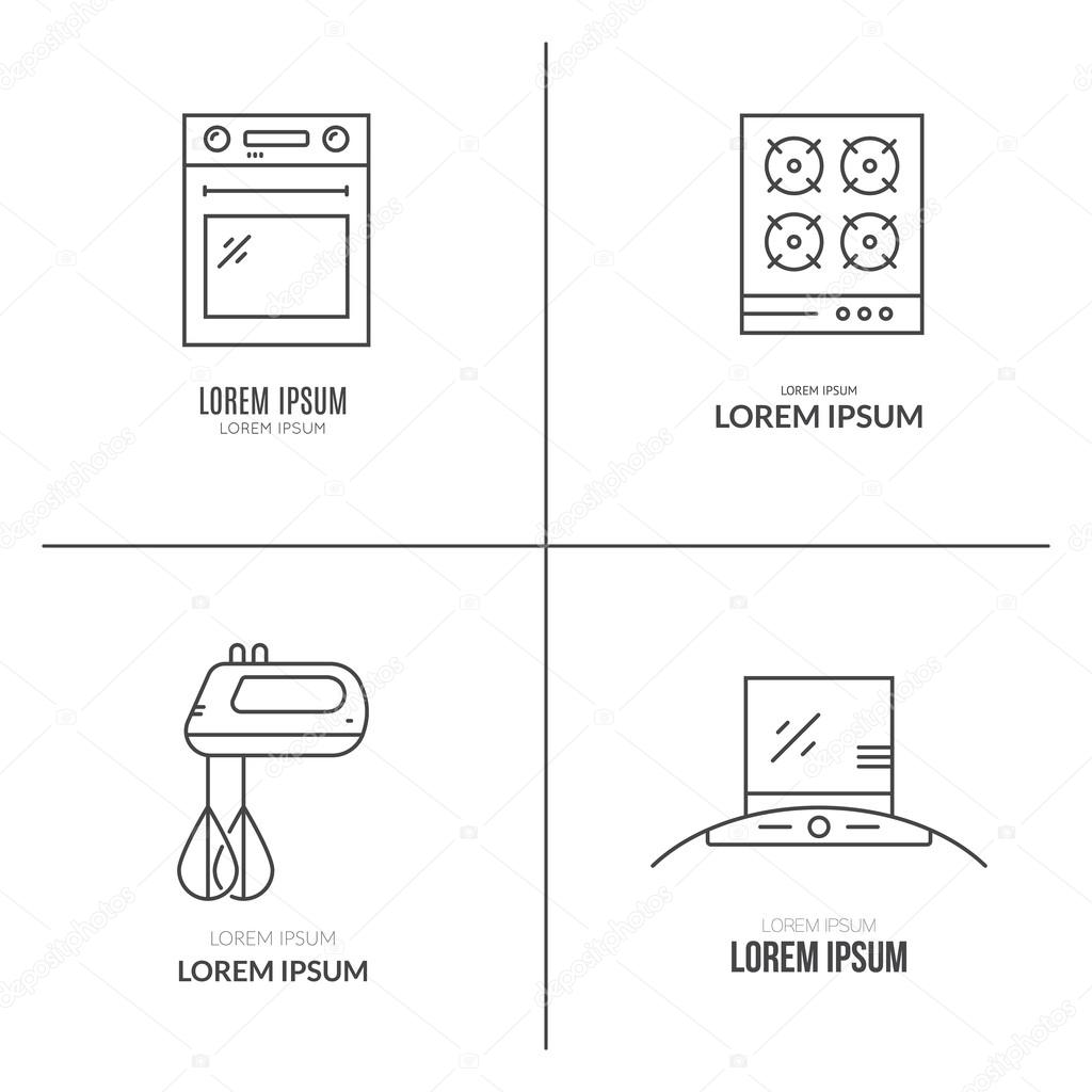 Vector line icons with different household gear, including stove, mixer, oven. House appliances