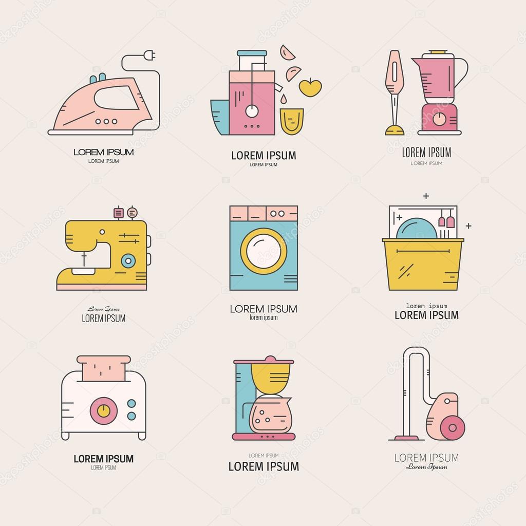 Vector logo collection with household appliances and utensils.