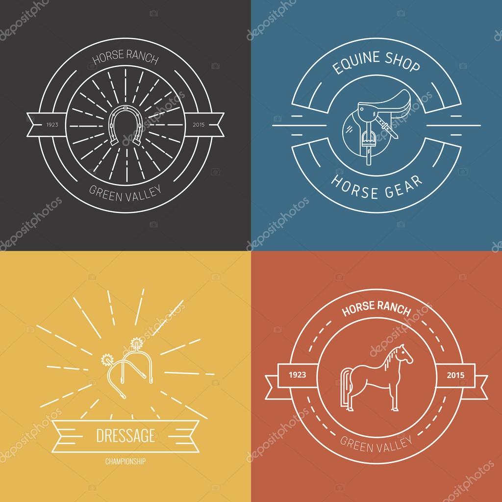 Hipster collection of logotypes with different horse and equine industry symbols. Labels for horseriding school or equestrian supplies shop. Vector line art