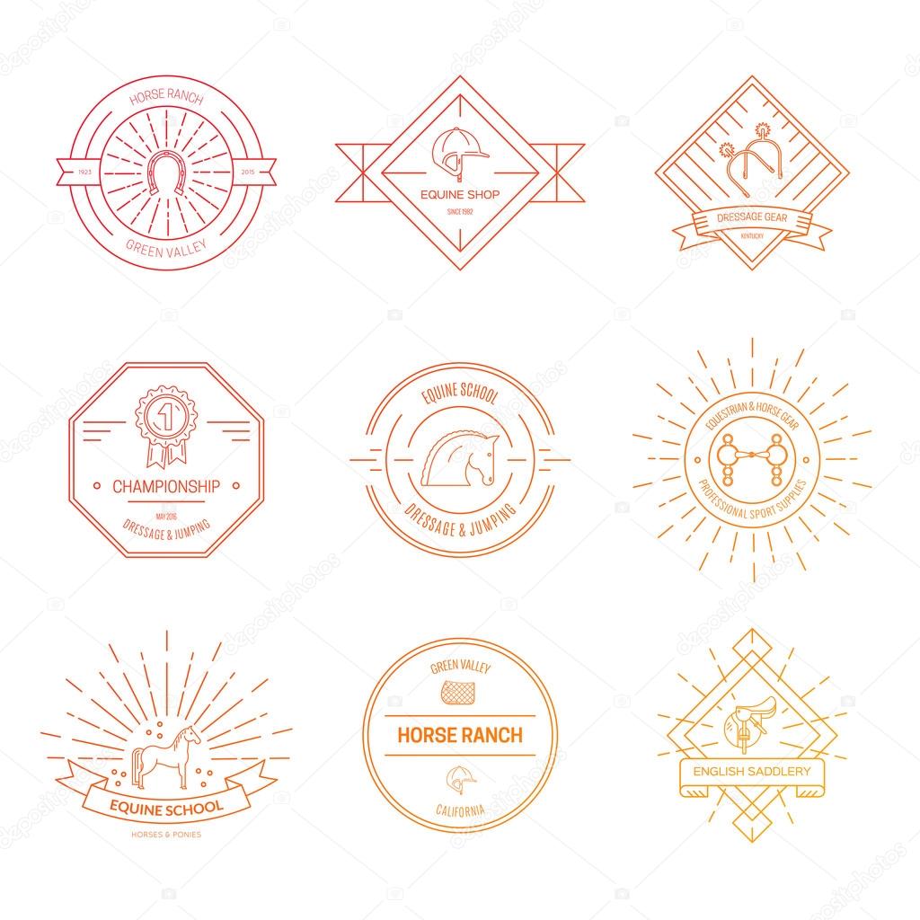 Hipster logo bundle with horse equipment. Equine and equestrian label collection. Saddle, bit, spurs and other horse riding gear.