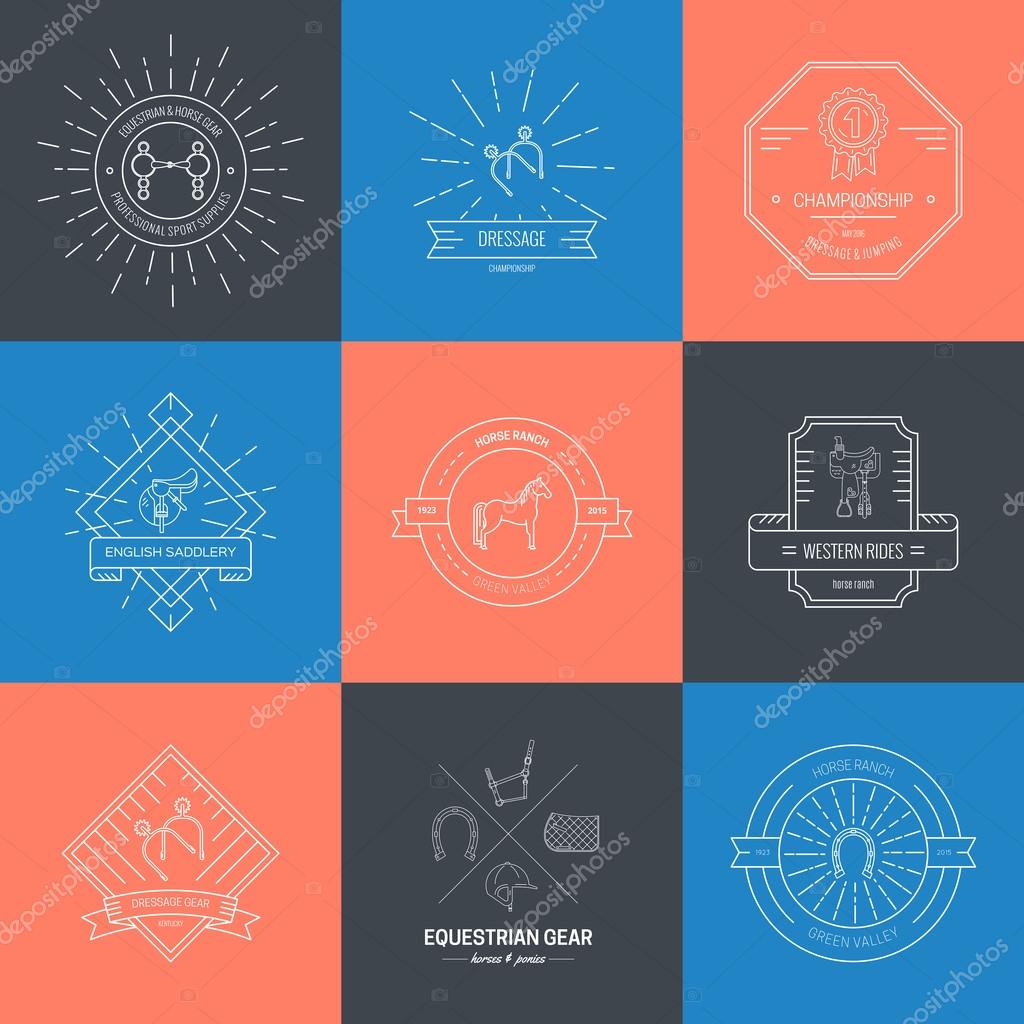 Hipster logo bundle with horse equipment. Equine and equestrian label collection. Saddle, bit, spurs and other horse riding gear.