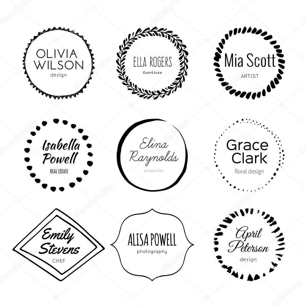 Unique handdrawn logo templates collection. Abstract hand sketched shapes for branding design. Real ink texture.