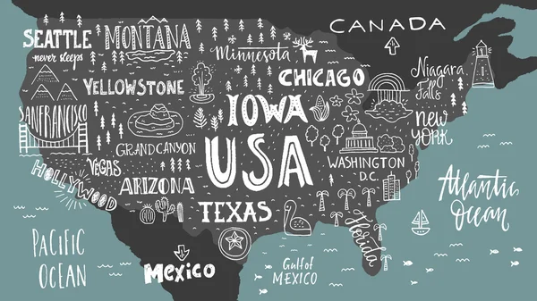 Mapa dos EUA com letras e símbolos —  Vetores de Stock