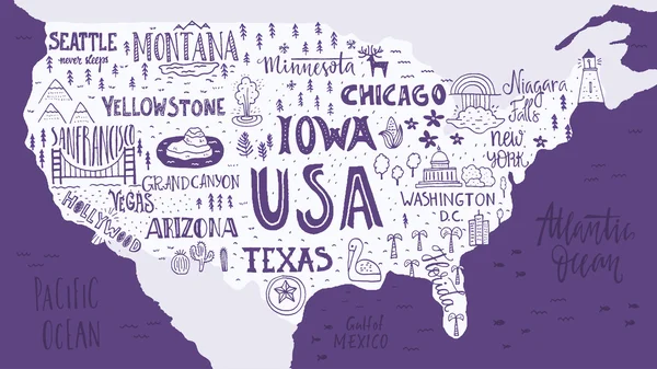 Mapa de Estados Unidos con letras y símbolos — Vector de stock