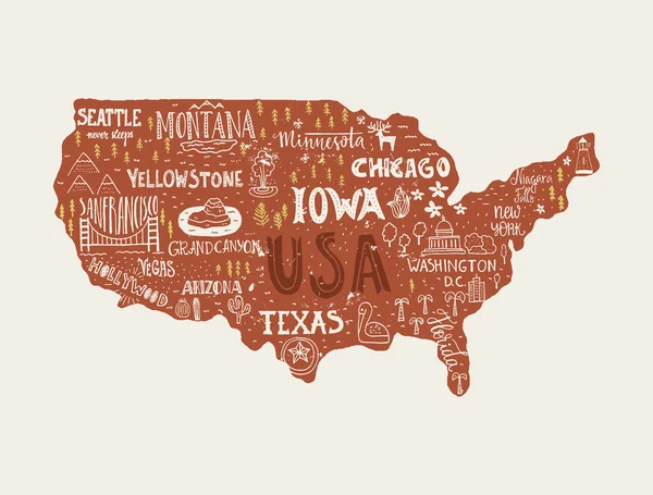 Mapa USA s písmeny a symboly — Stockový vektor