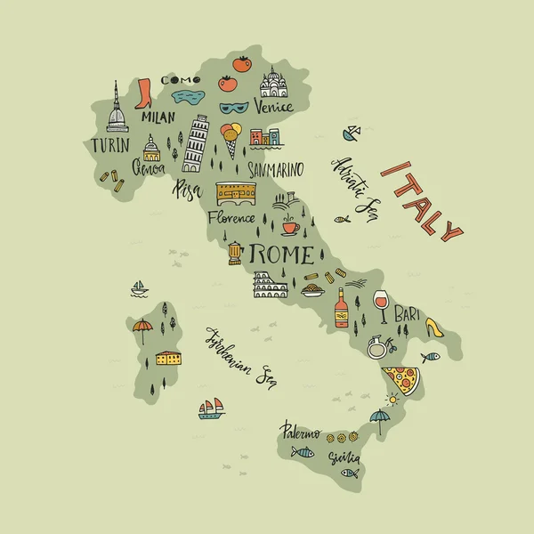 Mapa italiano con símbolos dibujados a mano — Vector de stock