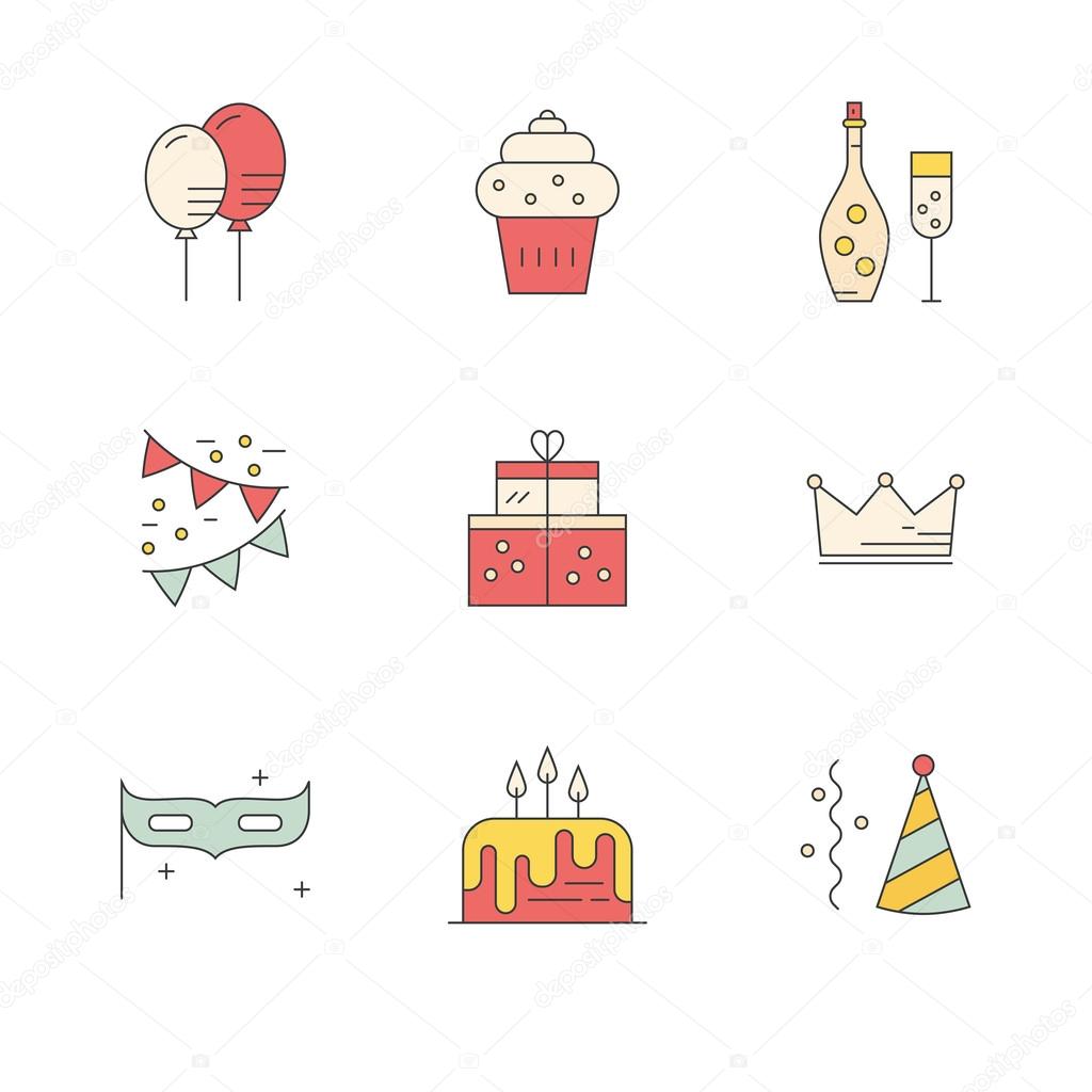 Set of party icons made in line style vector. Celebration symbols. Design elements for event planning company or birthday party.