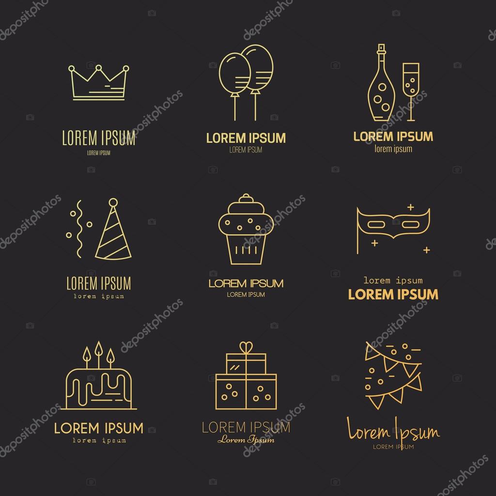 Birthday cake, champagne, decoration, presents and other celebration symbols. Modern line style party icons.