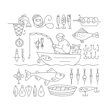 Big collection of fishing gears clipart