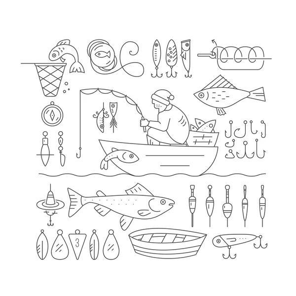 Big collection of fishing gears — Stock Vector