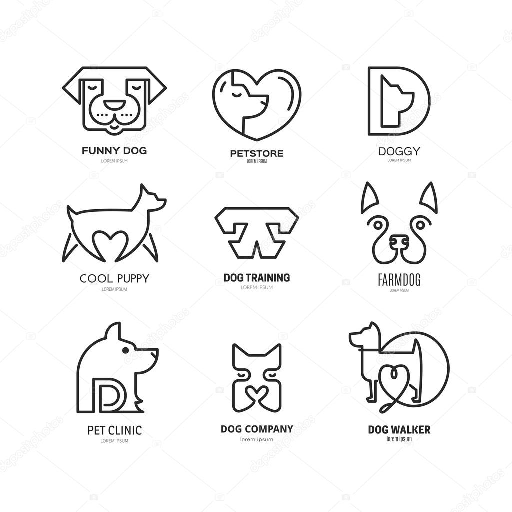 Linear collection of dog logos. Labels for veterinarian clinic, dog walkers, pet shop made in modern line style vector. Isolated logotype design for your business.