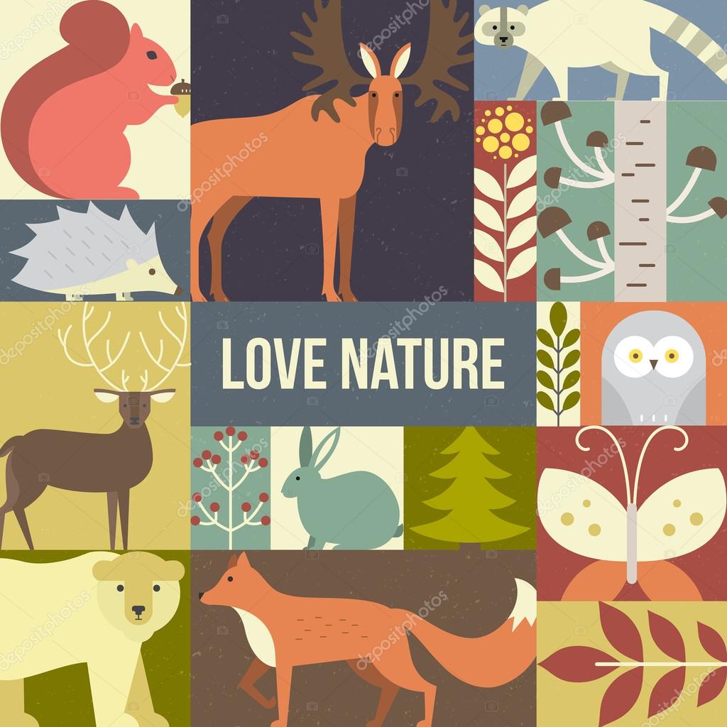 Forest animals made in geometric flat style. Reindeer, fox, moose, bear and other mammals and birds. Save the planet concept. Poster for children room or element for a banner.