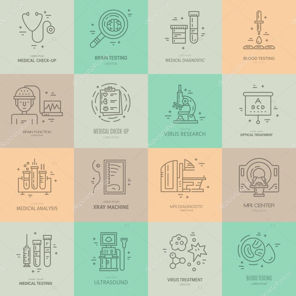 Big collection of medical logos with different medical symbols - MRI, microscope, blood testing. Label for research center, hospital, lab made in modern line style vector.