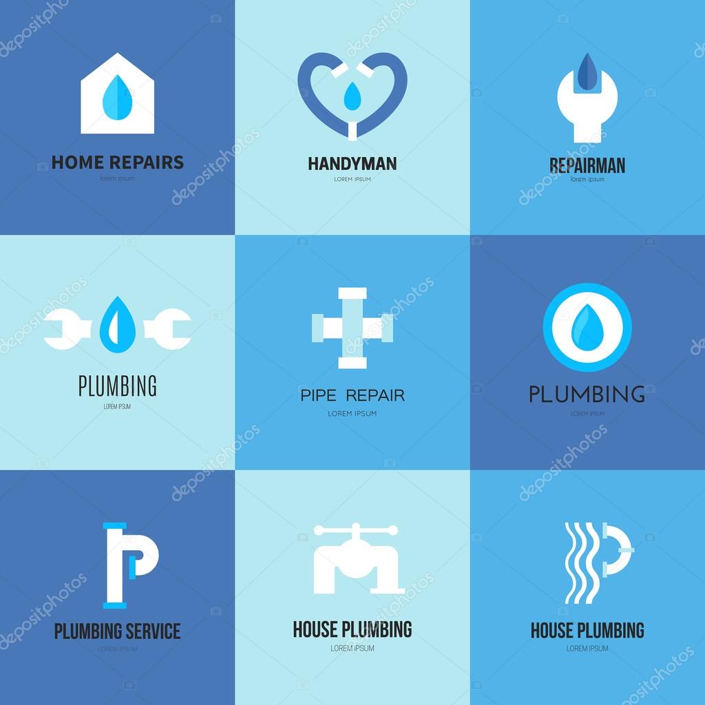 Modern flat style logo collection with plumber, handyman and house repair symbols. Isolated and easy to use logotype for your business.