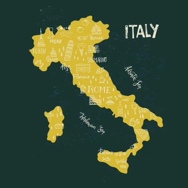 Simboli disegnati a mano d'Italia sulla mappa — Vettoriale Stock
