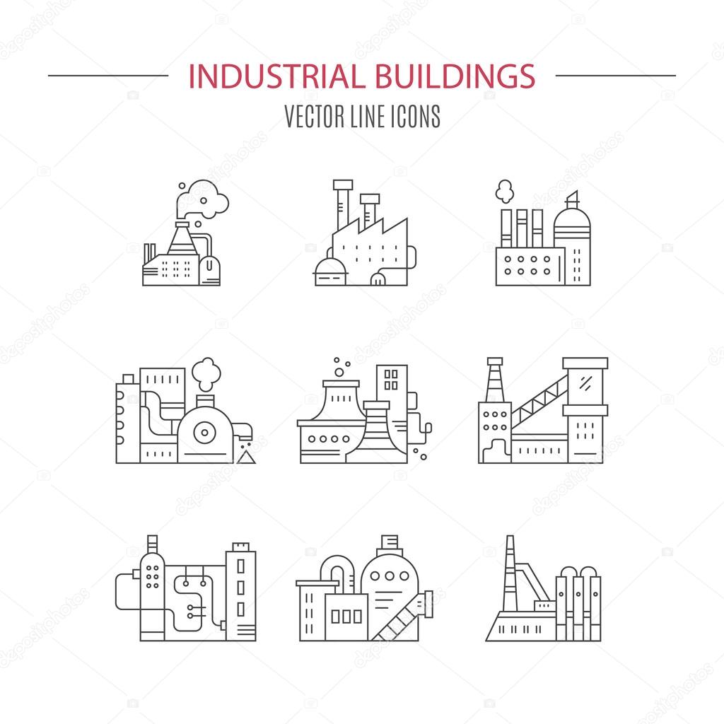 Line style collection of factory buildings. Different industrial buildings. Technology and modern world clipart.