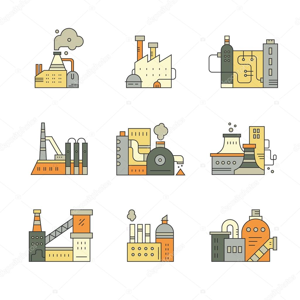 Factory Buildings. Vector line style icons