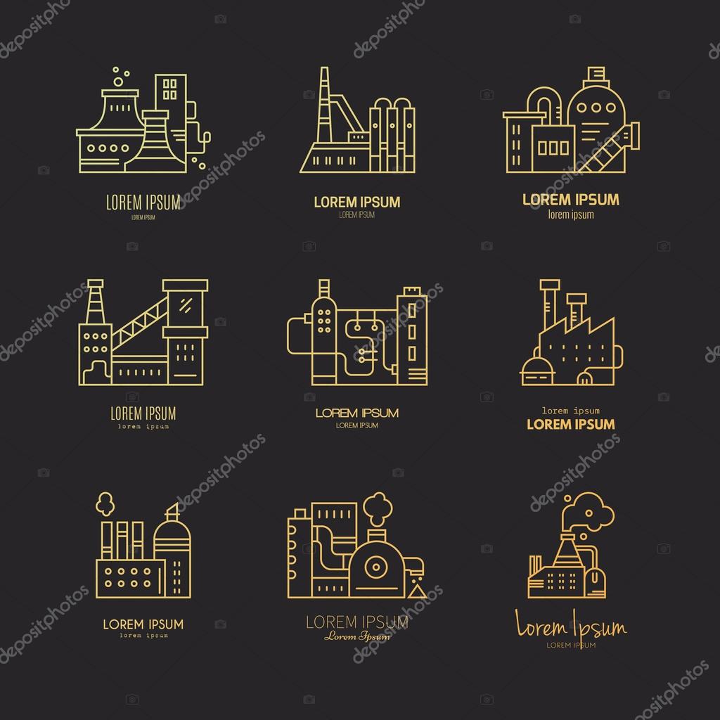 Collection of different factory logos. Industrial logotypes for your business. Vector line style art.