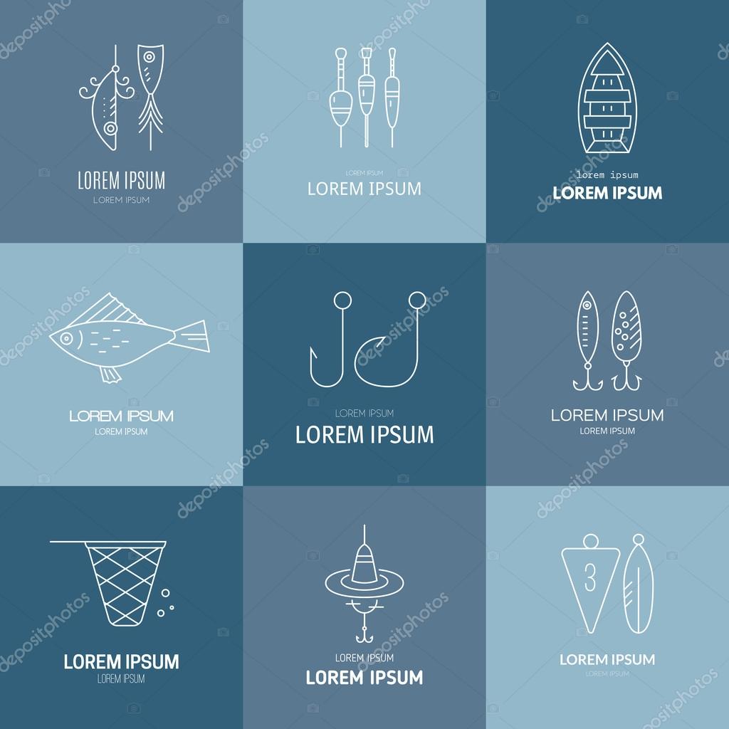 Collection of different fishing gear made in modern line style vector. Bobber, tackle, floater, rod, boat and other fishermans gear. Outdoor activity labels. Fishing shop logo.
