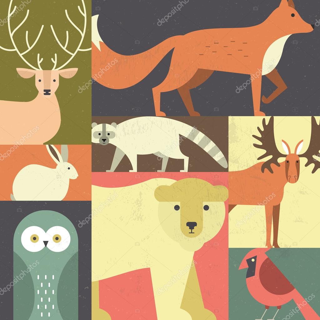 Forest animals made in geometric flat style. Reindeer, fox, moose, bear and other mammals and birds. Save the planet concept. Poster for children room or element for a banner.