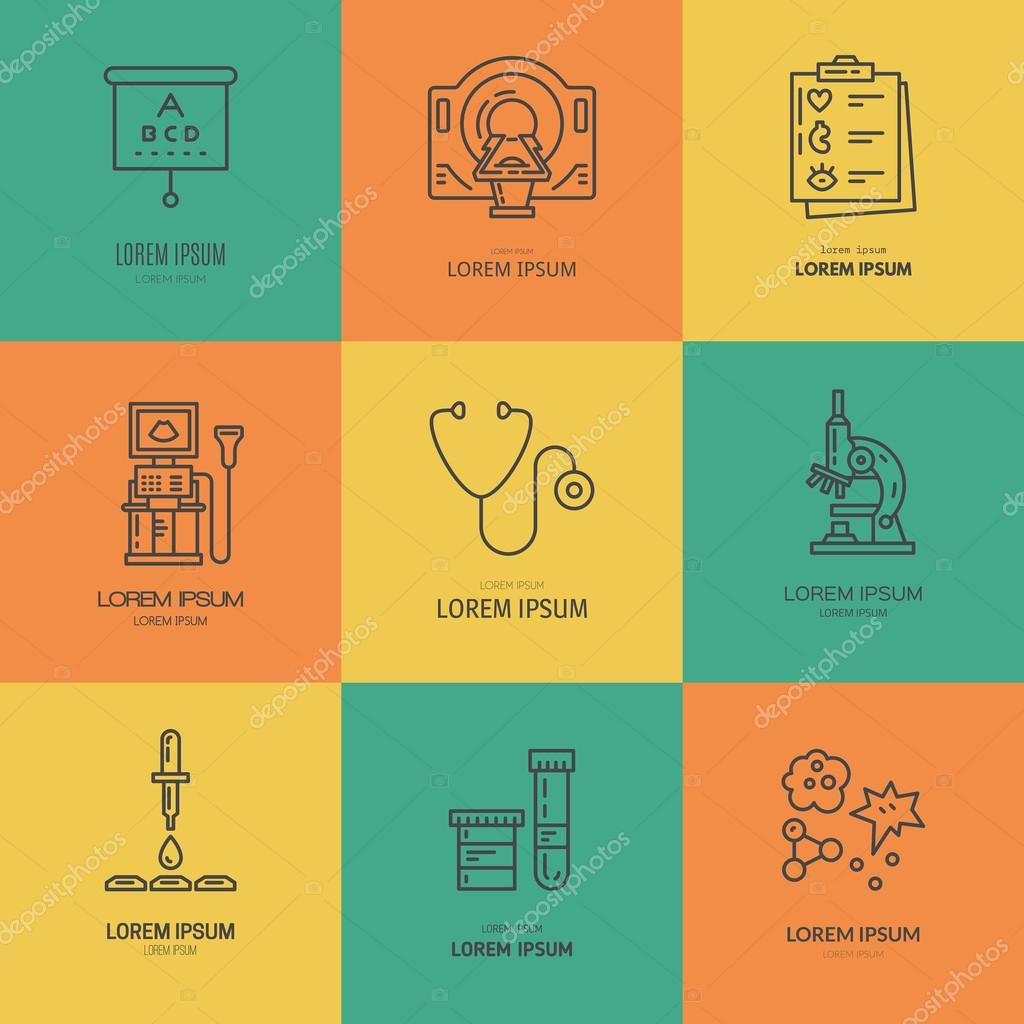 Collection of logos with different medical items and machines. Medical research and diagnostic. Label for lab, research center, MRI scan.